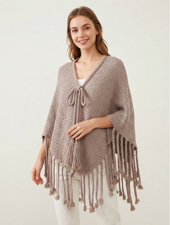 Cozy Poncho W/ Bow and Tassels